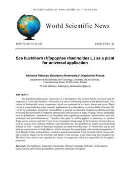 Sea Buckthorn (Hippophae Rhamnoides L.) As a Plant for Universal Application