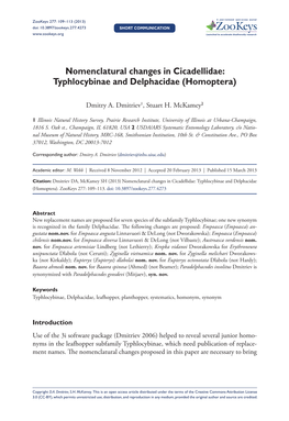 Nomenclatural Changes in Cicadellidae: Typhlocybinae and Delphacidae (Homoptera)