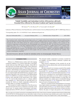 Volatile Variability and Antioxidant Activity of Rosmarinus Officinalis Essential Oil As Affected by Elevation Gradient and Vegetal Associations