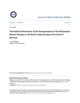 The Radical Reformation of the Reorganization of the Restoration: Recent Changes in the RLDS Understanding of the Book of Mormon