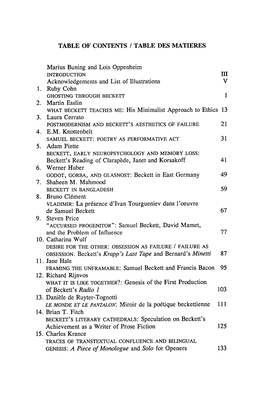 TABLE of CONTENTS I TABLE DES MATIERES Marius Buning and Lois