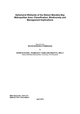 Ephemeral Wetlands of the Nelson Mandela Bay Metropolitan Area: Classification, Biodiversity and Management Implications