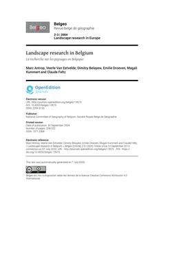 Landscape Research in Belgium La Recherche Sur Les Paysages En Belgique