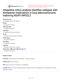 Integrative Omics Analysis Identi Es Subtypes with Therapeutic