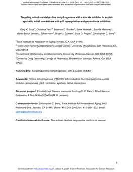 Targeting Mitochondrial Proline Dehydrogenase with a Suicide Inhibitor to Exploit Synthetic Lethal Interactions with P53 Upregulation and Glutaminase Inhibition