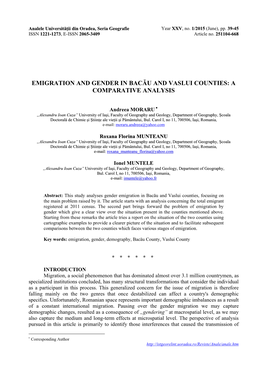 Emigration and Gender in Bacău and Vaslui Counties: a Comparative Analysis