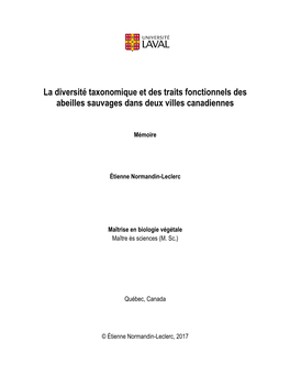 La Diversité Taxonomique Et Des Traits Fonctionnels Des Abeilles Sauvages Dans Deux Villes Canadiennes