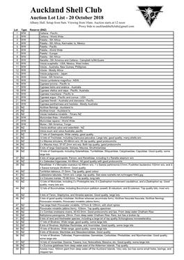 Auckland Shell Club Auction Lot List - 20 October 2018 Albany Hall