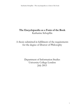 The Encyclopaedia As a Form of the Book Katharine Schopflin A