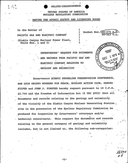 Intervenors' Request for Documents and Records from Pacific Gas and Electric Company Relating to Geology and Seismicity