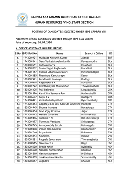 Karnataka Gramin Bank:Head Office Ballari Human Resources Wing:Staff Section