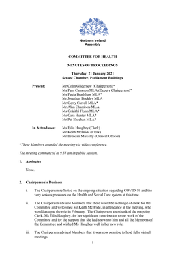 Committee for Health Meeting Minutes of Proceedings 21 January 2021