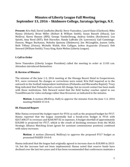 Minutes of Liberty League Fall Meeting September 13, 2016 – Skidmore College, Saratoga Springs, N.Y