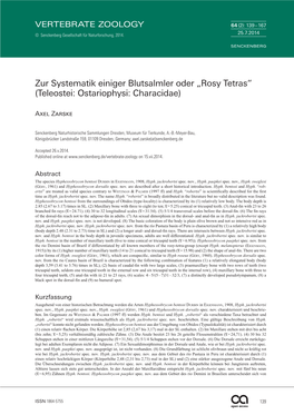 Zur Systematik Einiger Blutsalmler Oder „Rosy Tetras“ (Teleostei: Ostariophysi: Characidae)