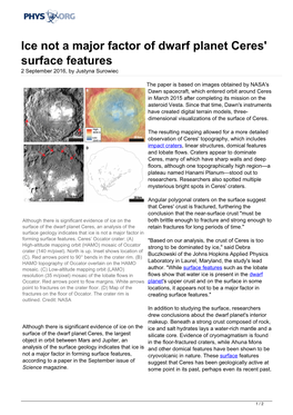 Ice Not a Major Factor of Dwarf Planet Ceres' Surface Features 2 September 2016, by Justyna Surowiec