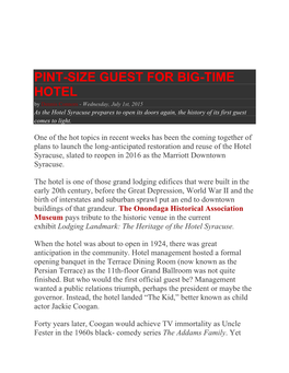 2015-07-01 Syracuse New Times, Pint-Sized Guest for Big-Time Hotel