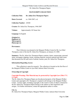 Margaret Walker Center Archives and Records Division Dr. Julius Eric Thompson Papers Page 1 of 244 MANUSCRIPT COLLECTION Collec
