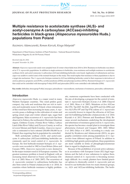 And Acetyl-Coenzyme a Carboxylase (Accase)-Inhibiting Herbicides in Black-Grass (Alopecurus Myosuroides Huds.) Populations from Poland