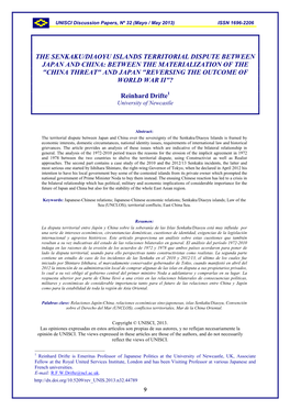 THE SENKAKU/DIAOYU ISLANDS TERRITORIAL DISPUTE BETWEEN JAPAN and CHINA: BETWEEN the MATERIALIZATION of the "CHINA THREAT&Qu