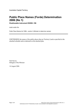 Public Place Names (Forde) Determination 2006 (No 1) Disallowable Instrument DI2006 -196 Made Under The
