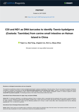 COI and ND1 As DNA Barcodes to Identify Taenia Hydatigena (Cestoda: Taeniidae) from Canine Small Intestine on Hainan Island in China