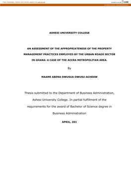 By Thesis Submitted to the Department of Business Administration, Ashesi