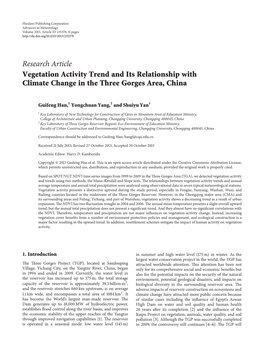Vegetation Activity Trend and Its Relationship with Climate Change in the Three Gorges Area, China