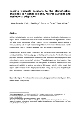 Seeking Workable Solutions to the Electrification Challenge in Nigeria: Minigrid, Reverse Auctions and Institutional Adaptation