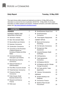 Daily Report Tuesday, 12 May 2020 CONTENTS