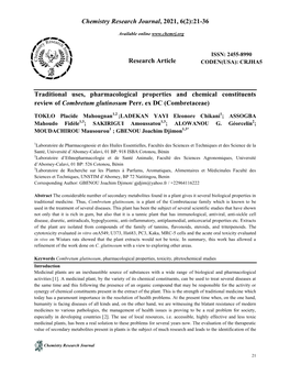 Traditional Uses, Pharmacological Properties and Chemical Constituents Review of Combretum Glutinosum Perr