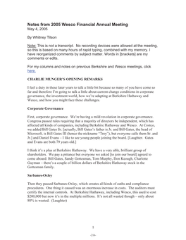 Notes from 2005 Wesco Financial Annual Meeting May 4, 2005