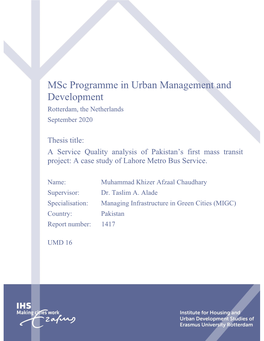 Msc Programme in Urban Management and Development Rotterdam, the Netherlands September 2020