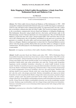 Roles Mapping in Tribal Conflict Reconciliation: a Study from West Kalimantan Dayak and Madurese Case