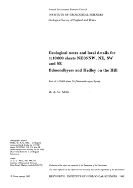 WA/DM/82/53 Geological Notes and Local Details for 1:10 000 Sheets NZ05NW, NE, SW and SE Edmondbyers and Hedley on the Hill: Pa