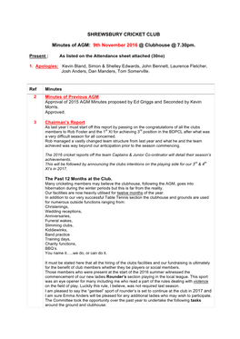 SHREWSBURY CRICKET CLUB Minutes of AGM: 9Th November