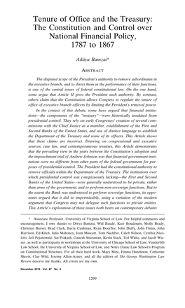 Tenure of Office and the Treasury: the Constitution and Control Over National Financial Policy, 1787 to 1867