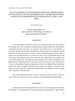 New Taxonomical and Ethnomycological Observations on Psilocybe S.S