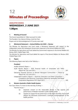 LEGISLATIVE COUNCIL WEDNESDAY, 2 JUNE 2021 1.00Pm