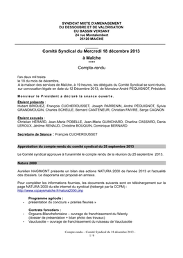 Comité Syndical Du Mercredi 18 Décembre 2013 À Maîche **** Compte-Rendu