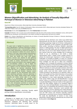 An Analysis of Sexually Objectified Portrayal of Women in Television Advertising in Pakistan Sana Ali*