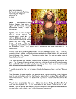 BRITNEY SPEARS by Tamela Meredith Partridge “Soundbytez” Magazine Rockford, IL