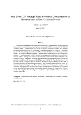 Was Louis XIV Wrong? Socio-Economic Consequences of Protestantism in Early Modern France