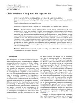 Olefin Metathesis of Fatty Acids and Vegetable Oils