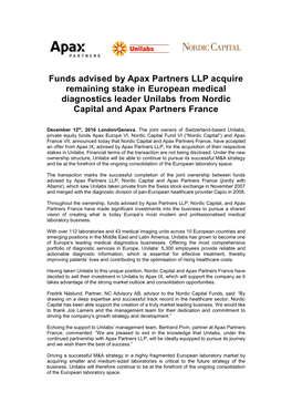 Funds Advised by Apax Partners LLP Acquire Remaining Stake in European Medical Diagnostics Leader Unilabs from Nordic Capital and Apax Partners France