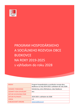 PROGRAM HOSPODÁRSKEHO a SOCIÁLNEHO ROZVOJA OBCE BUDKOVCE NA ROKY 2019-2025 S Výhľadom Do Roku 2028