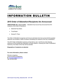 2015-06 16 Order of Abbotsford Recipients Announced