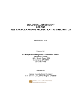 Biological Assessment for the 8225 Mariposa Avenue Property, Citrus Heights, Ca