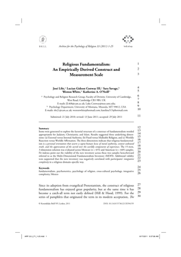 Religious Fundamentalism: an Empirically Derived Construct and Measurement Scale