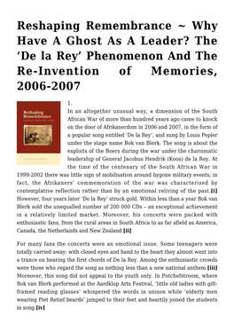 De La Rey’ Phenomenon and the Re-Invention of Memories, 2006-2007