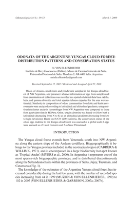 ODONATA of the Argentine Yungas Cloud Forest: Distribution Patterns and Conservation Status